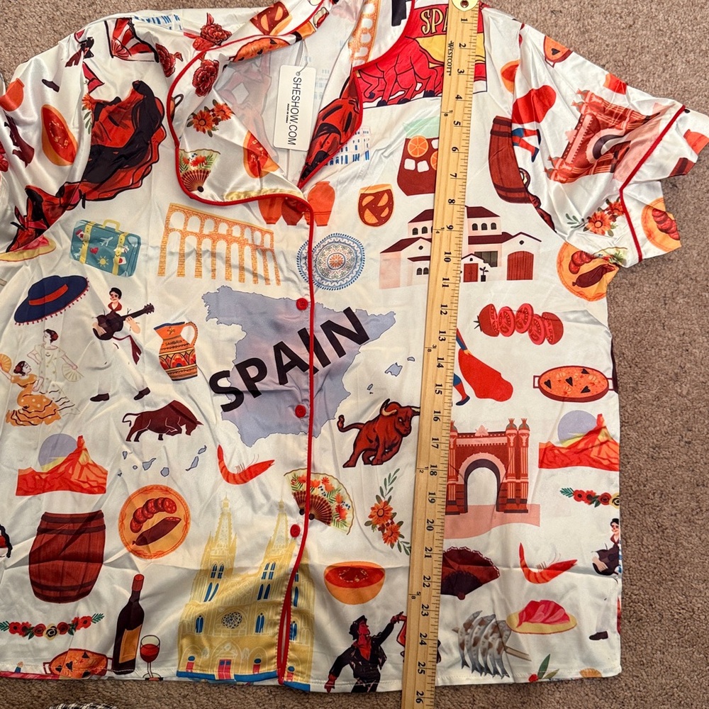 Spain pajamas button down shirt & shorts size large relaxed fit set lounge silky - Picture 15 of 15